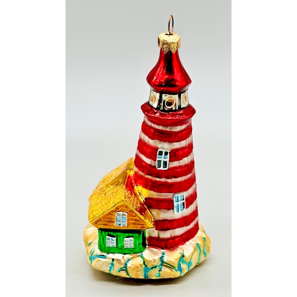 Christopher Radko Lighthouse Ornament Red White Stripes Green‎ House 7 inch VTG